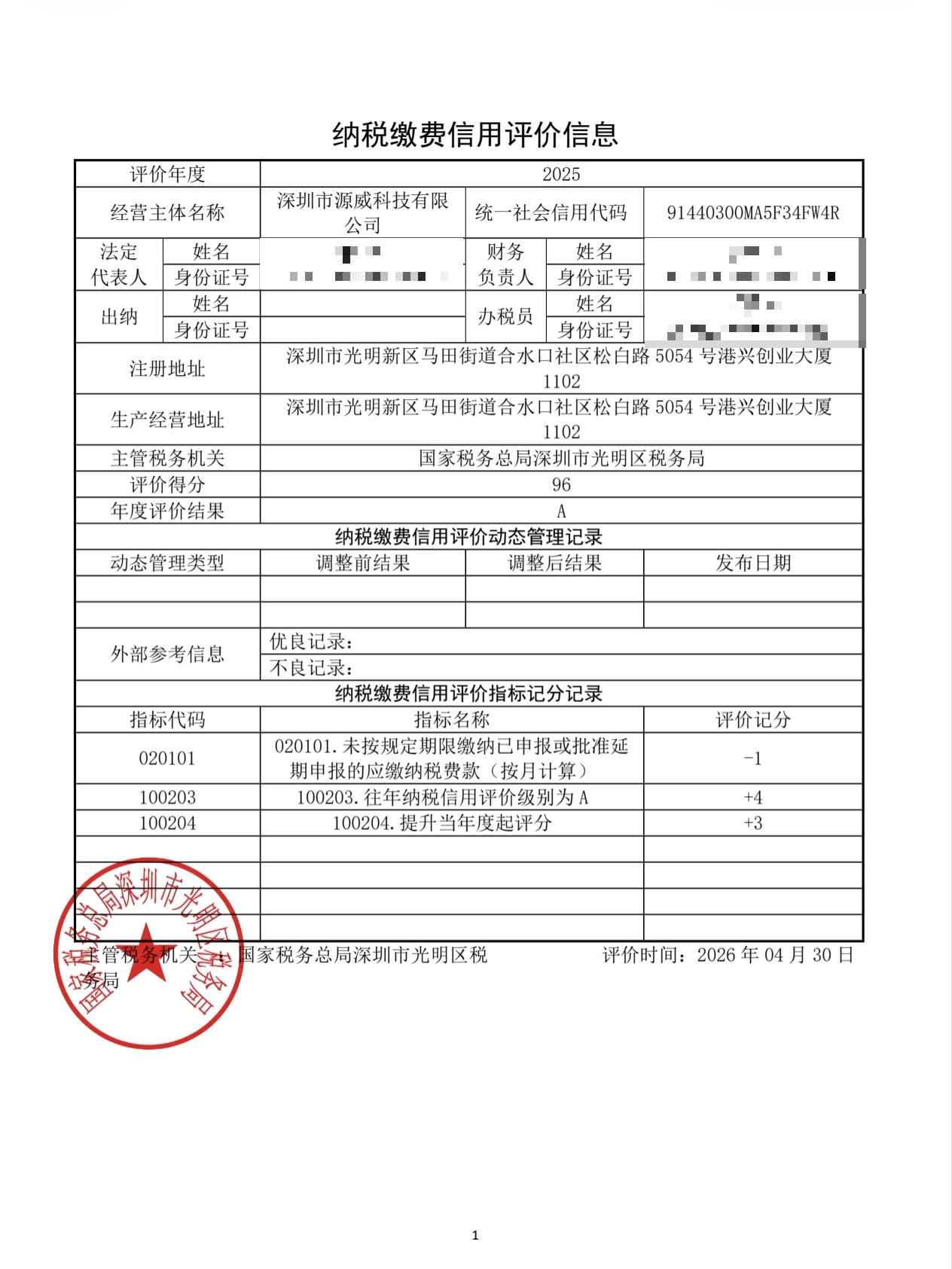 深圳市源威科技有限公司 2025 年度纳税缴费信用评价信息,评价结果 A 级